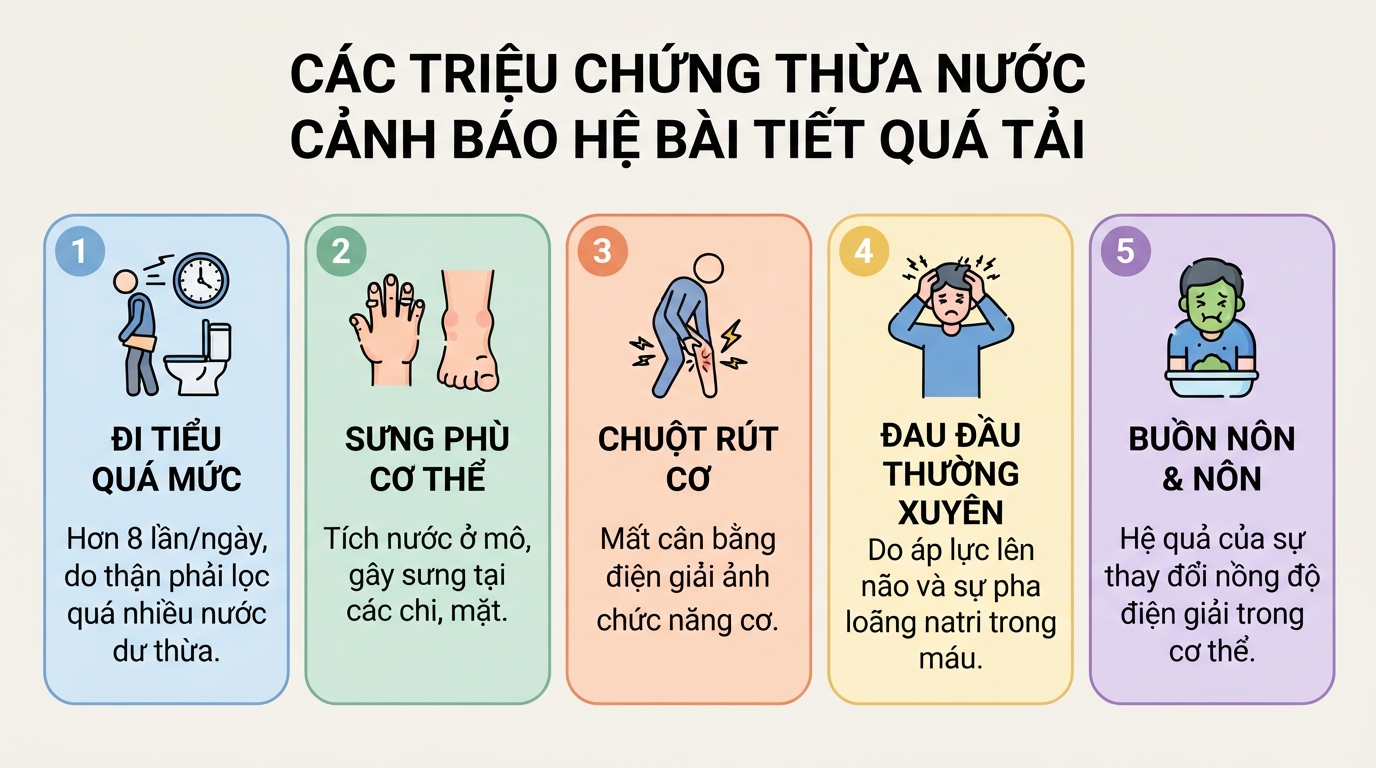 Các triệu chứng thừa nước cảnh báo hệ bài tiết đang chịu áp lực quá tải.