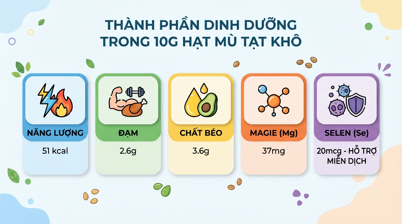 Các vi chất dinh dưỡng và khoáng chất thiết yếu có trong 10g hạt mù tạt khô.