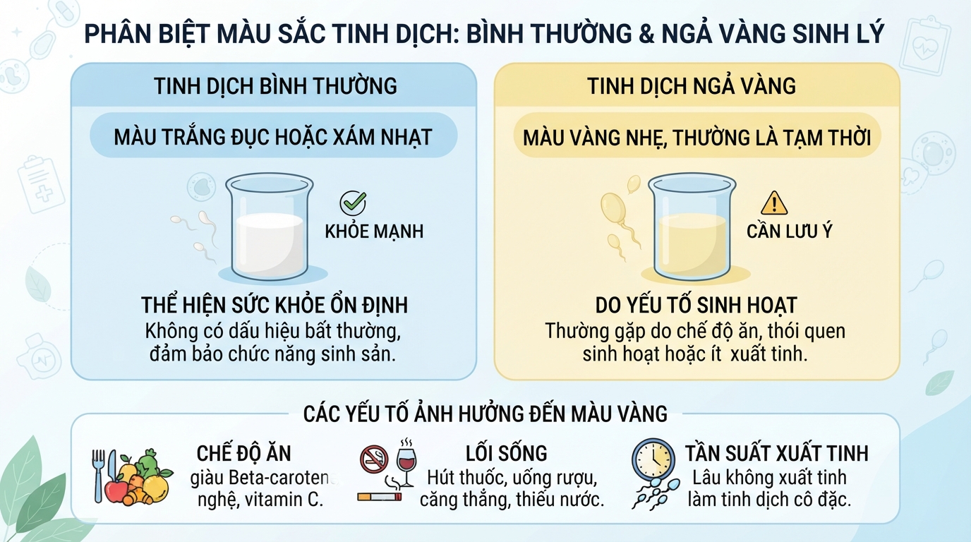 Cách phân biệt tinh trùng màu vàng sinh lý và trạng thái trắng đục bình thường ở nam giới.