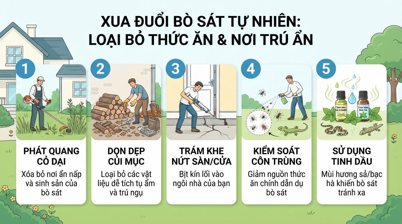 Cắt đứt nguồn thức ăn và nơi trú ẩn giúp xua đuổi bò sát tự nhiên.