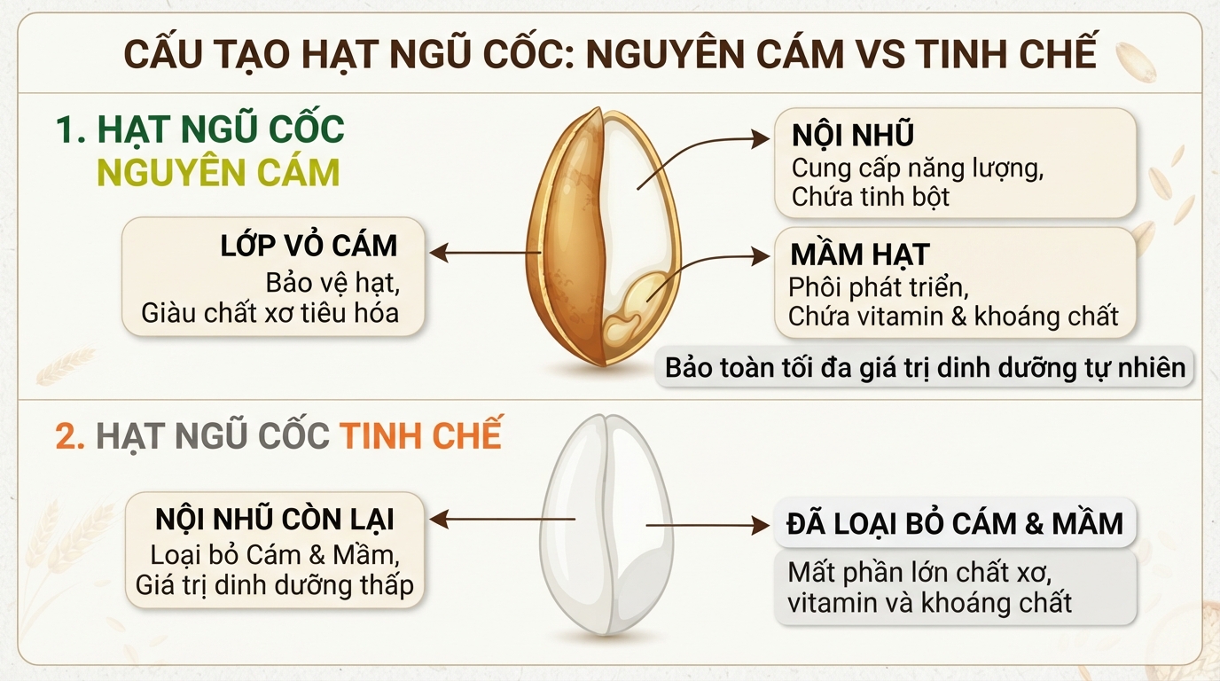 Cấu tạo hạt trong các loại hạt ngũ cốc nguyên cám bảo toàn tối đa giá trị dinh dưỡng tự nhiên.