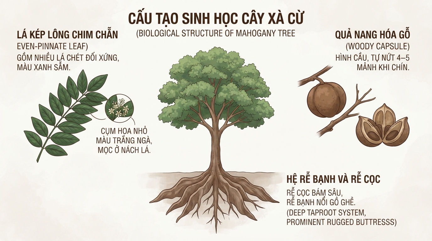 Cấu tạo sinh học cây xà cừ gồm lá kép lông chim, quả nang và rễ bạnh.