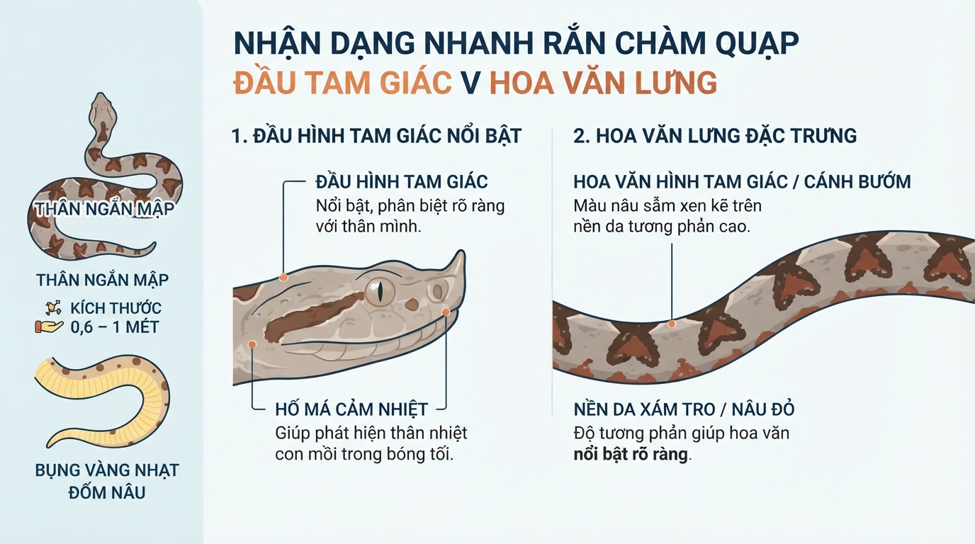 Cấu trúc đầu tam giác và hoa văn lưng giúp nhận dạng rắn chàm quạp nhanh chóng.