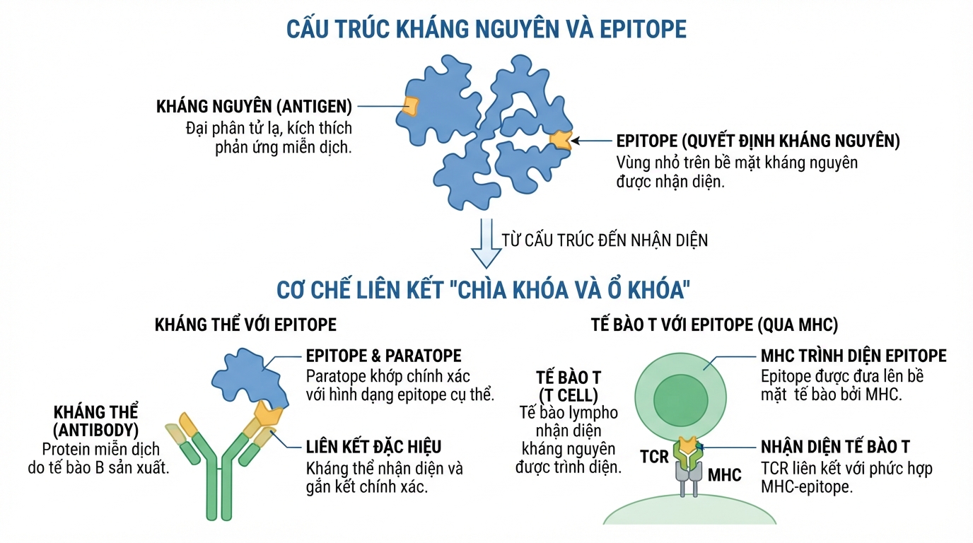 Cấu trúc kháng nguyên là gì với các vùng epitope giúp hệ miễn dịch nhận diện chính xác.