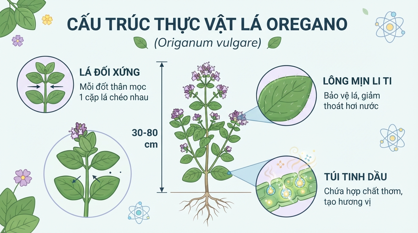 Cấu trúc thực vật lá oregano với đặc điểm đối xứng và lớp lông mịn chứa tinh dầu. Cấu trúc thực vật lá oregano với đặc điểm đối xứng và lớp lông mịn chứa tinh dầu.