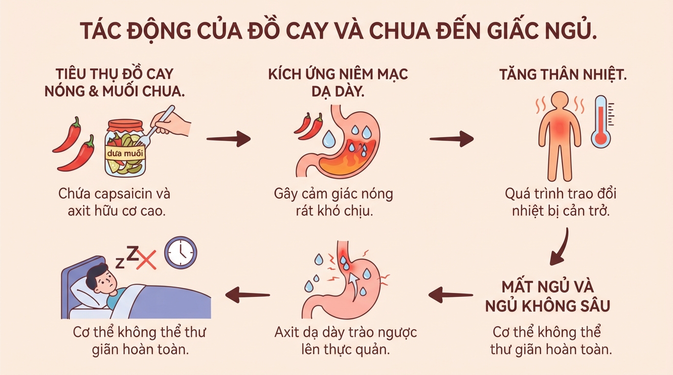 Chất capsaicin trong đồ cay nóng làm tăng thân nhiệt, gây cản trở giấc ngủ.