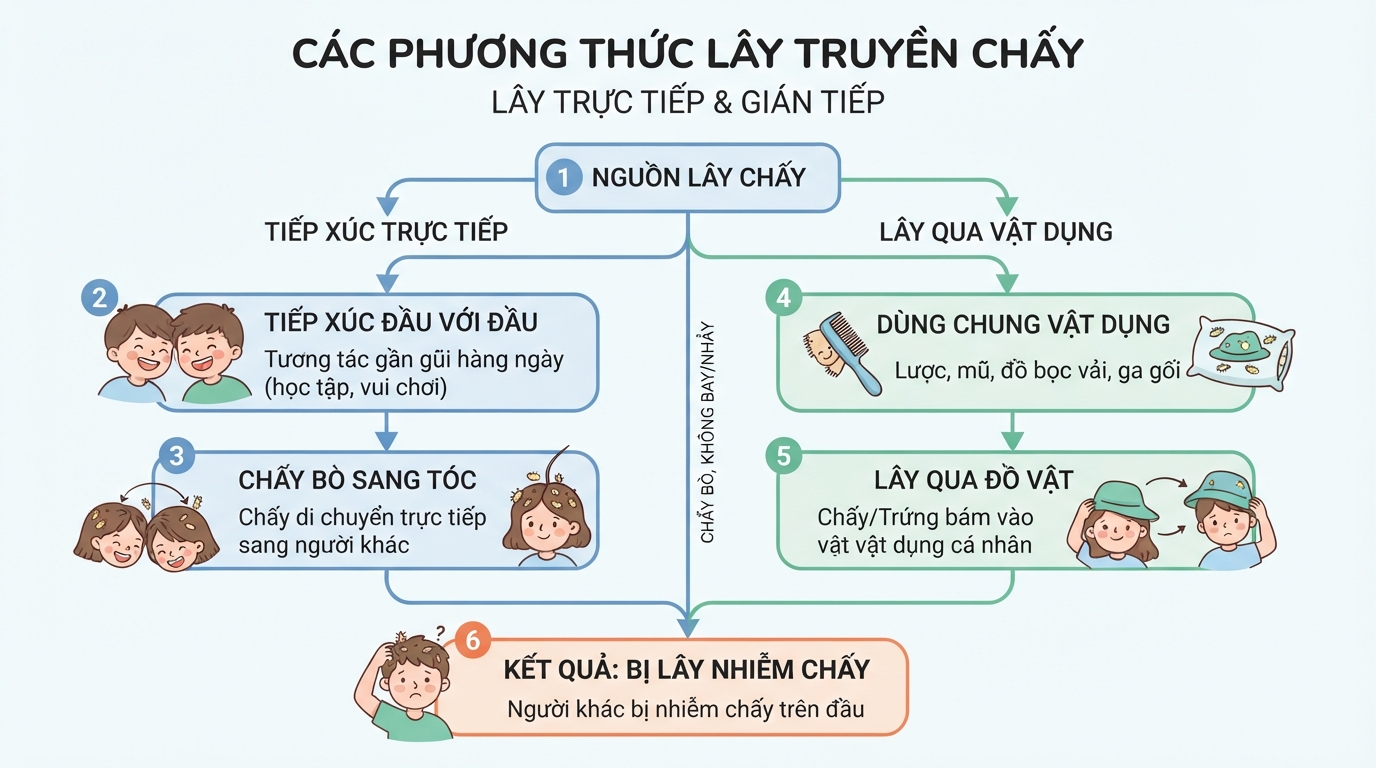 Chấy lây lan qua tiếp xúc trực tiếp đầu với đầu hoặc dùng chung vật dụng cá nhân.