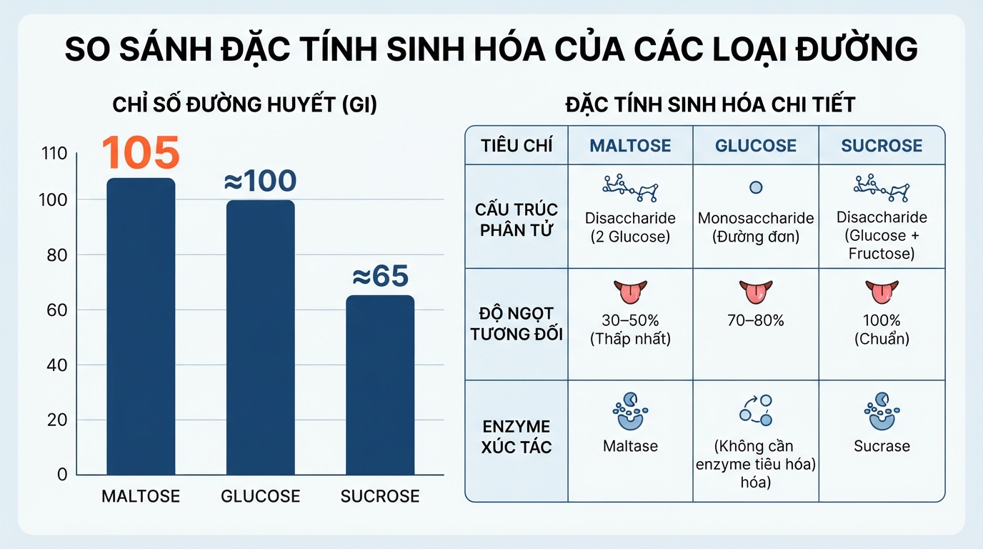 Chỉ số đường huyết GI của mạch nha đạt mức 105, cao vượt trội so với sucrose.