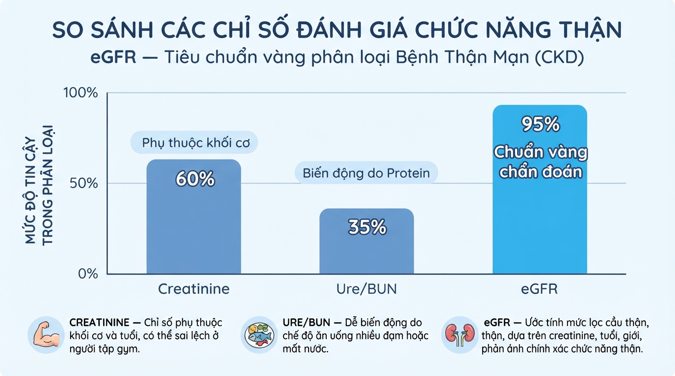 Chỉ số eGFR dựa trên creatinine và tuổi tác, giúp phân loại chính xác các giai đoạn bệnh thận.