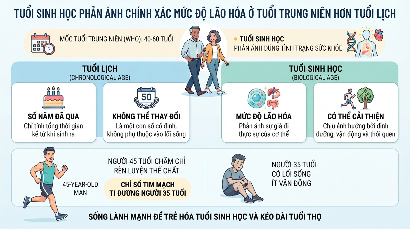Chỉ số sinh học phản ánh chính xác mức độ lão hóa ở tuổi trung niên hơn tuổi lịch.