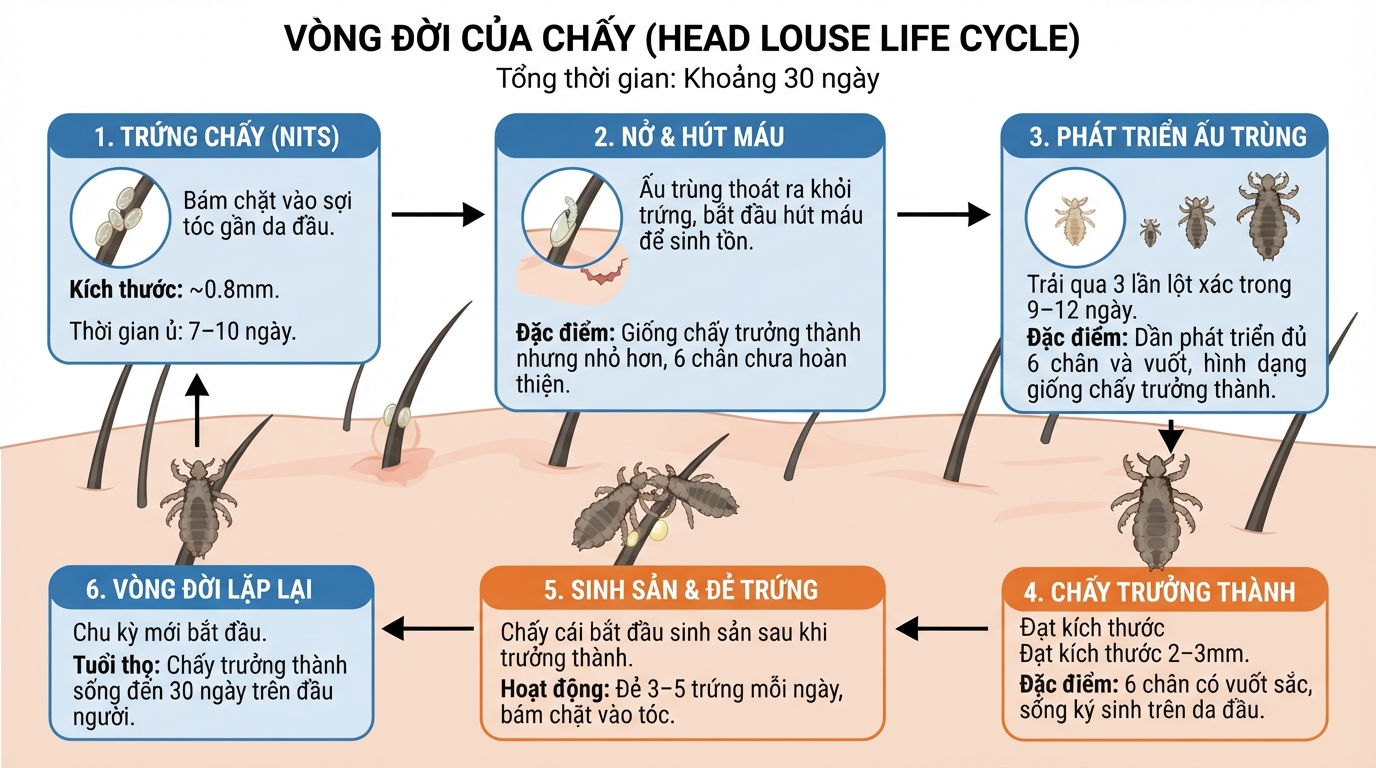 Chu kỳ sinh trưởng của chấy từ trứng đến khi trưởng thành kéo dài khoảng một tháng. Chu kỳ sinh trưởng của chấy từ trứng đến khi trưởng thành kéo dài khoảng một tháng.