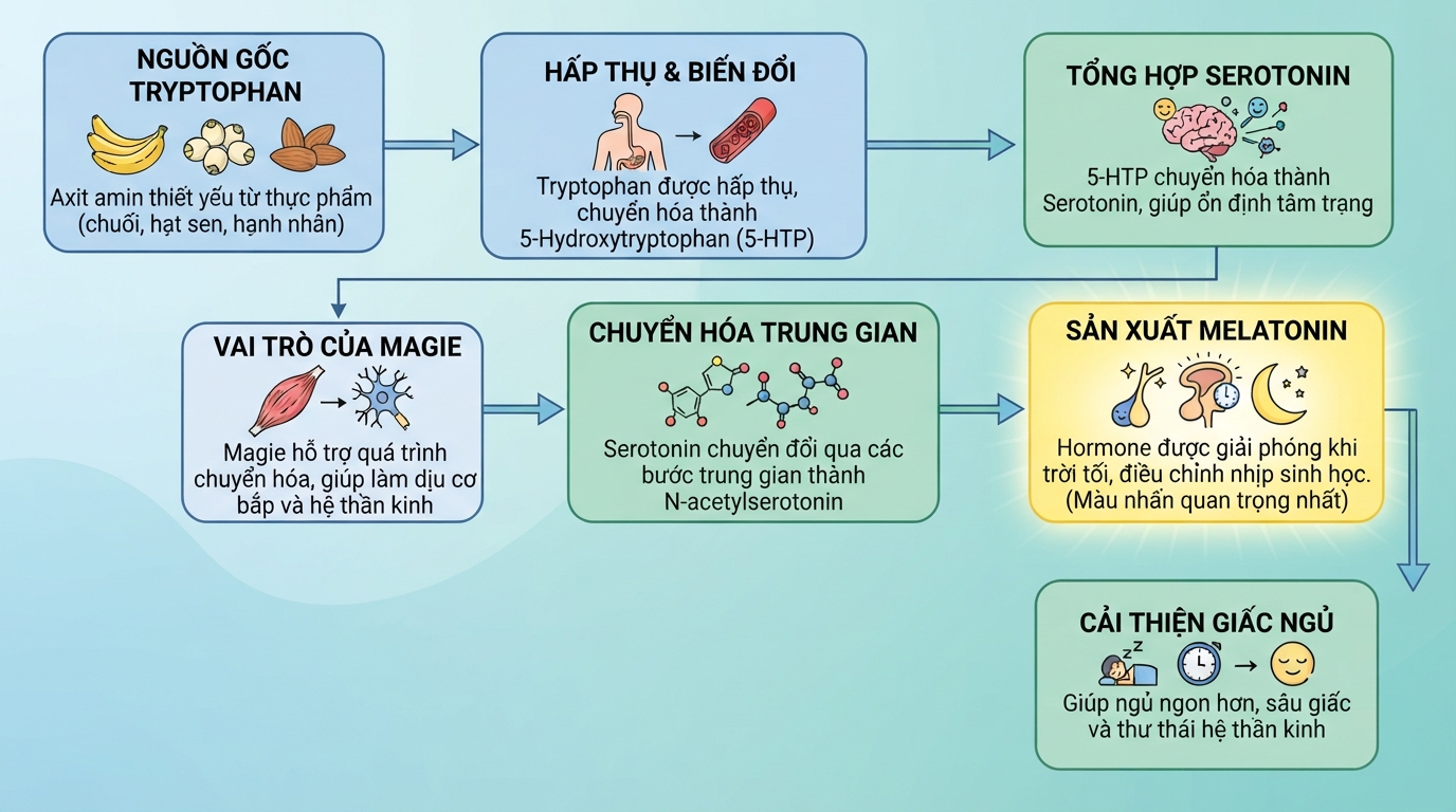 Chuỗi chuyển hóa tryptophan thành melatonin hỗ trợ thư giãn hệ thần kinh, cải thiện giấc ngủ.