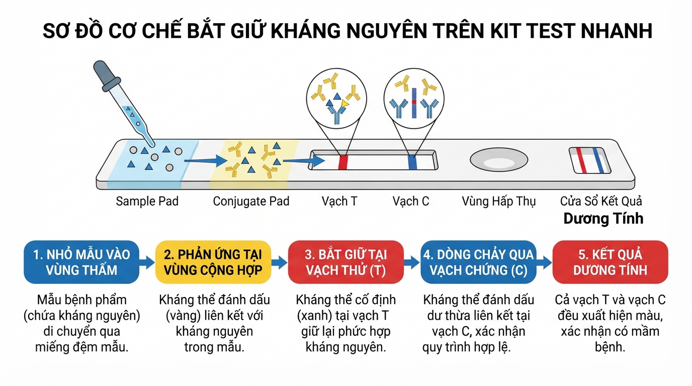 Cơ chế bắt giữ kháng nguyên trên khay thử giúp phát hiện mầm bệnh nhanh chóng trong y học.