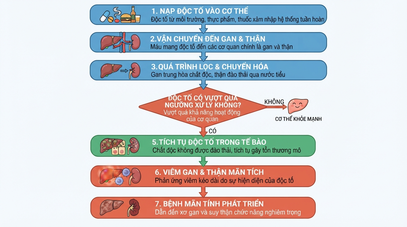 Cơ chế độc tố tích tụ gây quá tải cho gan và thận dẫn đến các bệnh mãn tính.