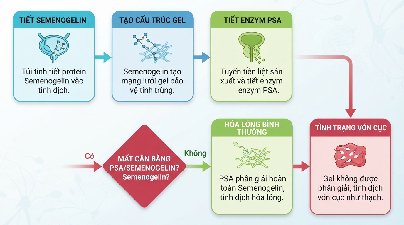 Cơ chế enzym PSA phân giải Semenogelin giúp xử lý tình trạng tinh trùng vón cục như thạch.