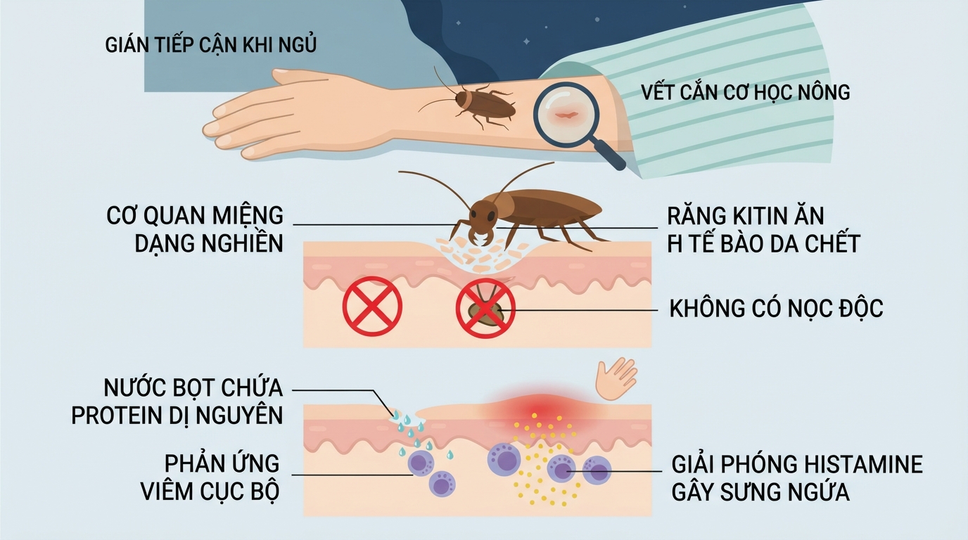Cơ chế gây sưng ngứa của vết gián cắn do chấn thương cơ học và nước bọt.