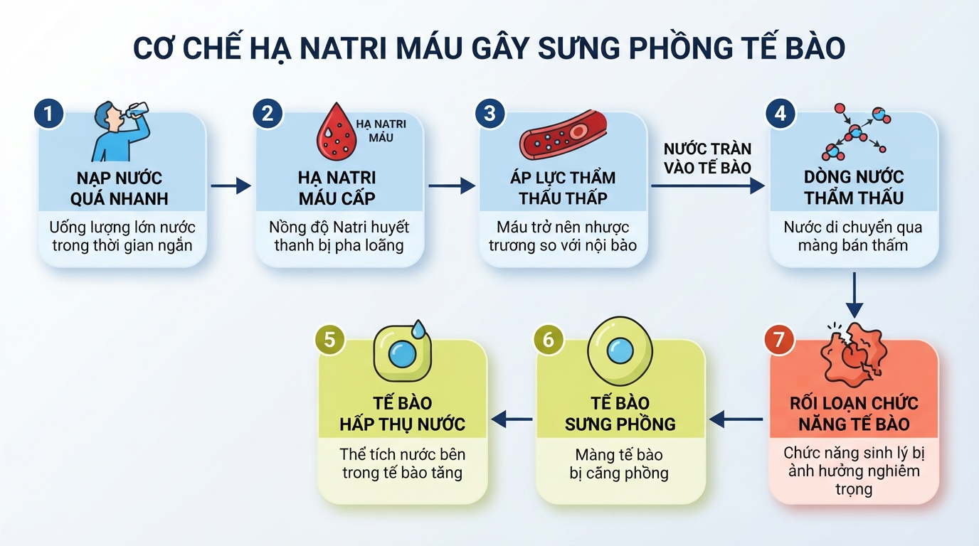 Cơ chế thẩm thấu khiến tế bào sưng phồng khi nồng độ natri máu bị pha loãng.