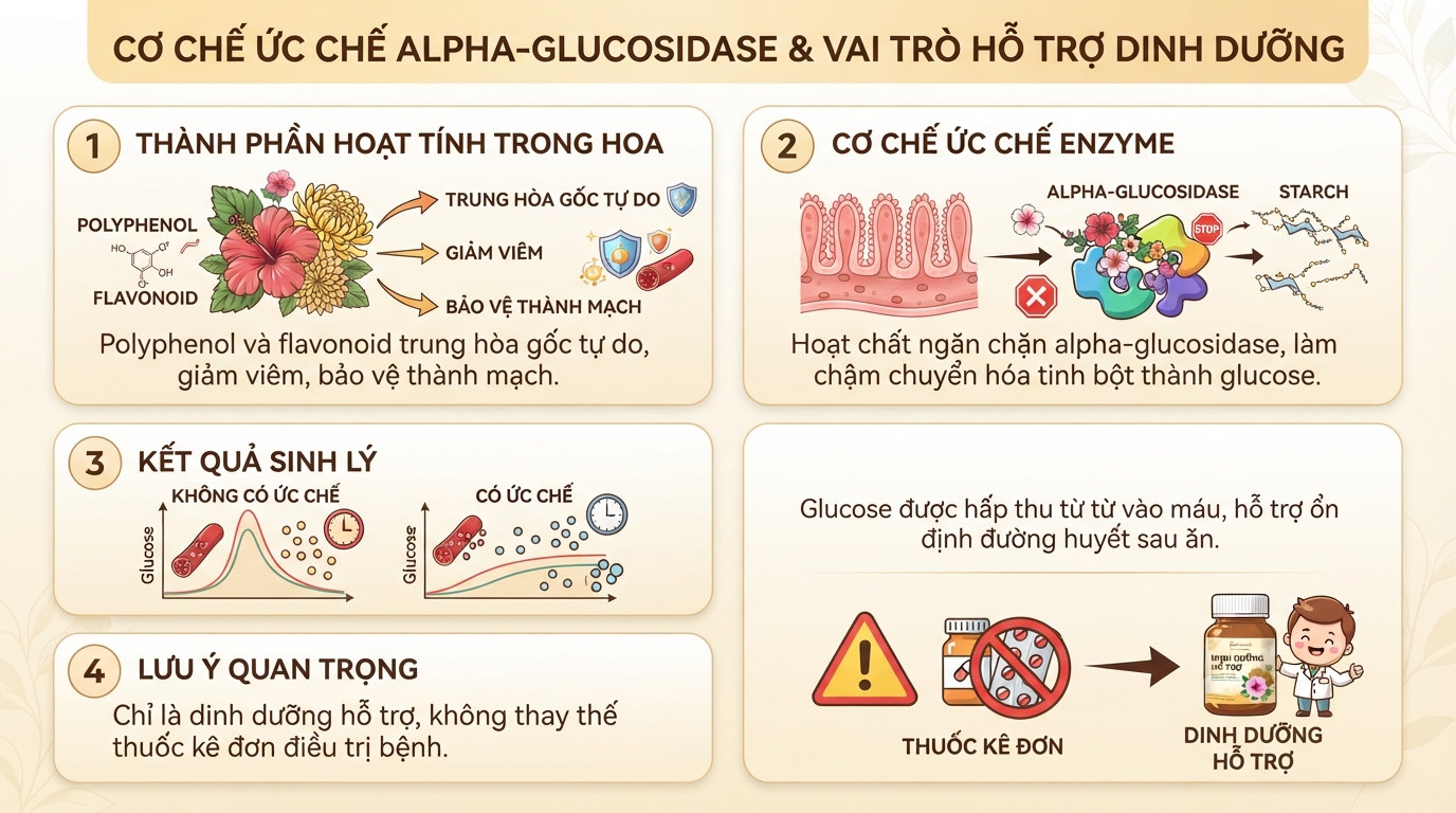 Cơ chế ức chế alpha-glucosidase giúp làm chậm hấp thu glucose nhưng không thay thế thuốc.