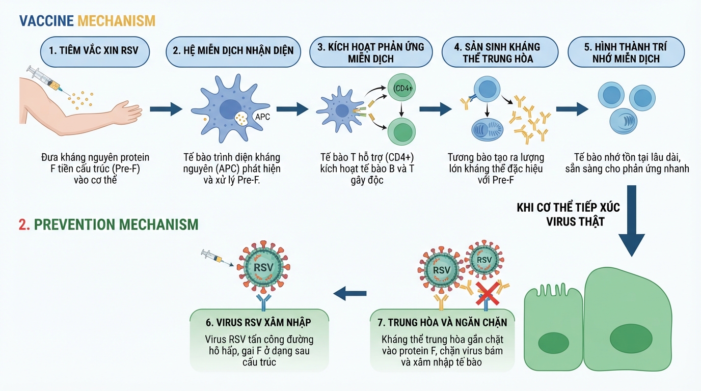 Cơ chế vắc xin rsv kích thích sản sinh kháng thể trung hòa ngăn chặn sự xâm nhập của virus.