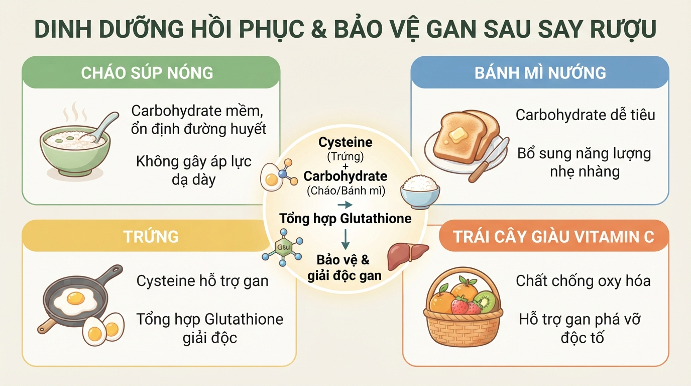 Cysteine trong trứng kết hợp carbohydrate từ cháo nóng hỗ trợ tổng hợp glutathione bảo vệ gan.
