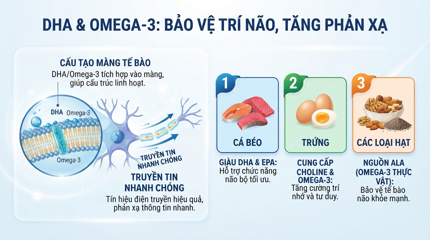 DHA và Omega-3 giúp bảo vệ tế bào thần kinh, tăng tốc độ phản xạ thông tin. DHA và Omega-3 giúp bảo vệ tế bào thần kinh, tăng tốc độ phản xạ thông tin.