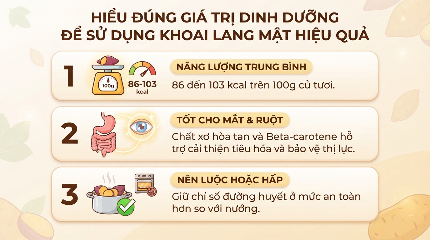 Khoai lang mật: hàm lượng calo, tác dụng sức khỏe và cách ăn đúng