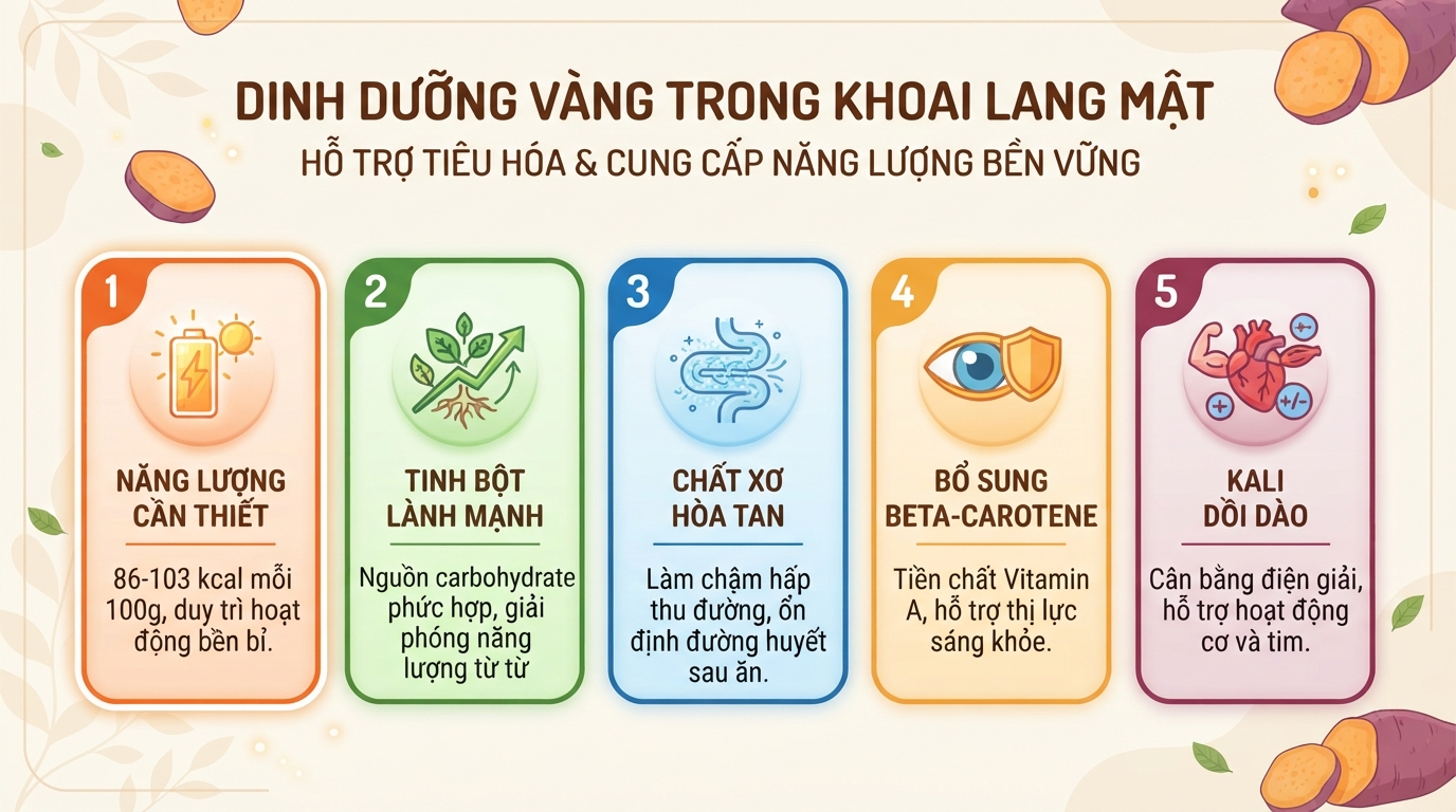 Dinh dưỡng trong khoai lang mật hỗ trợ tiêu hóa và cung cấp năng lượng bền vững cho cơ thể.