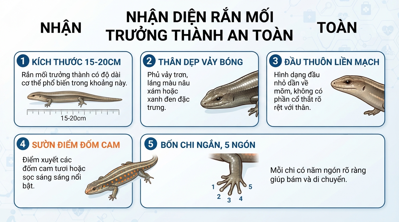 Đốm sườn cam và vảy bóng giúp nhận diện rắn mối trưởng thành an toàn.
