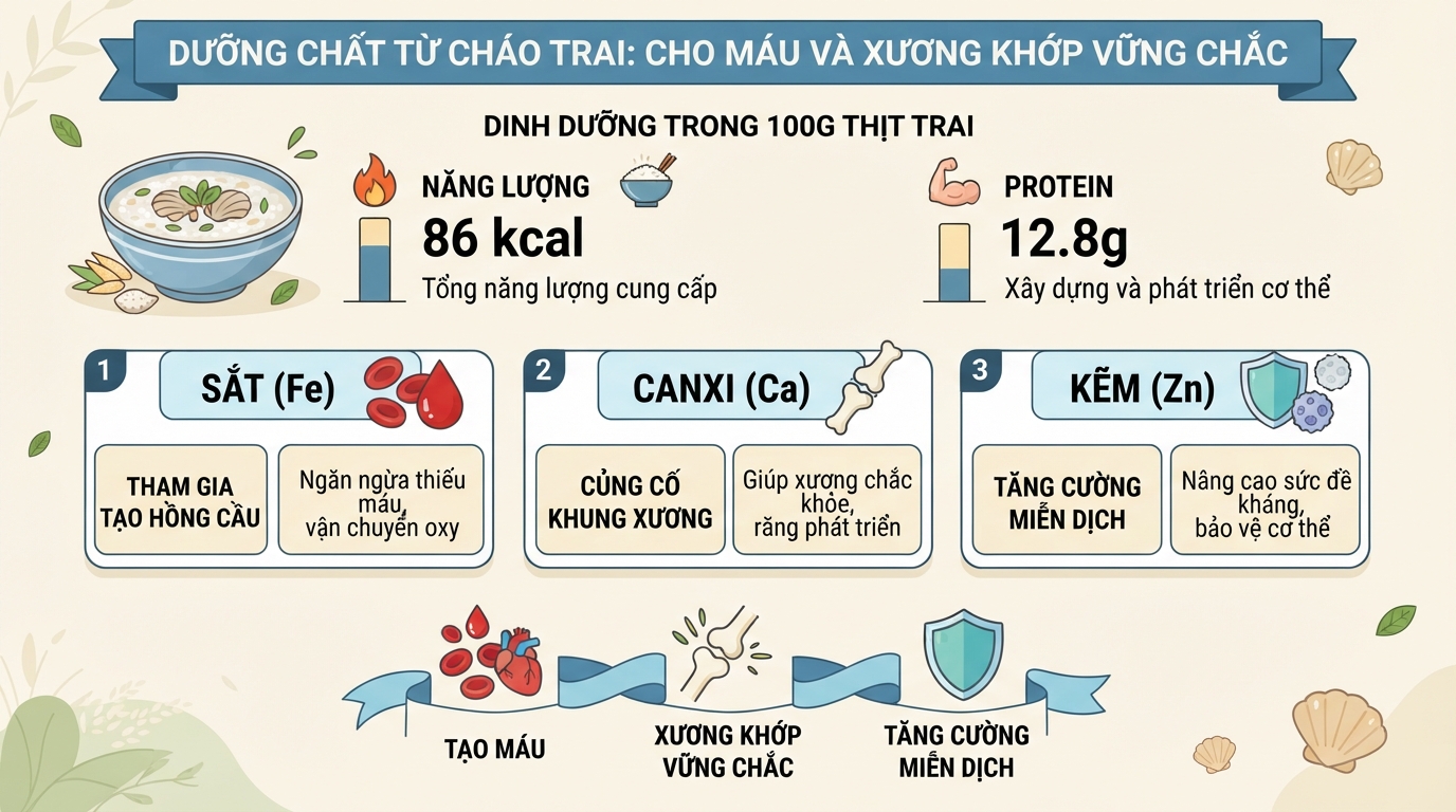 Dưỡng chất từ món cháo trai hỗ trợ tạo máu và củng cố hệ xương khớp vững chắc.