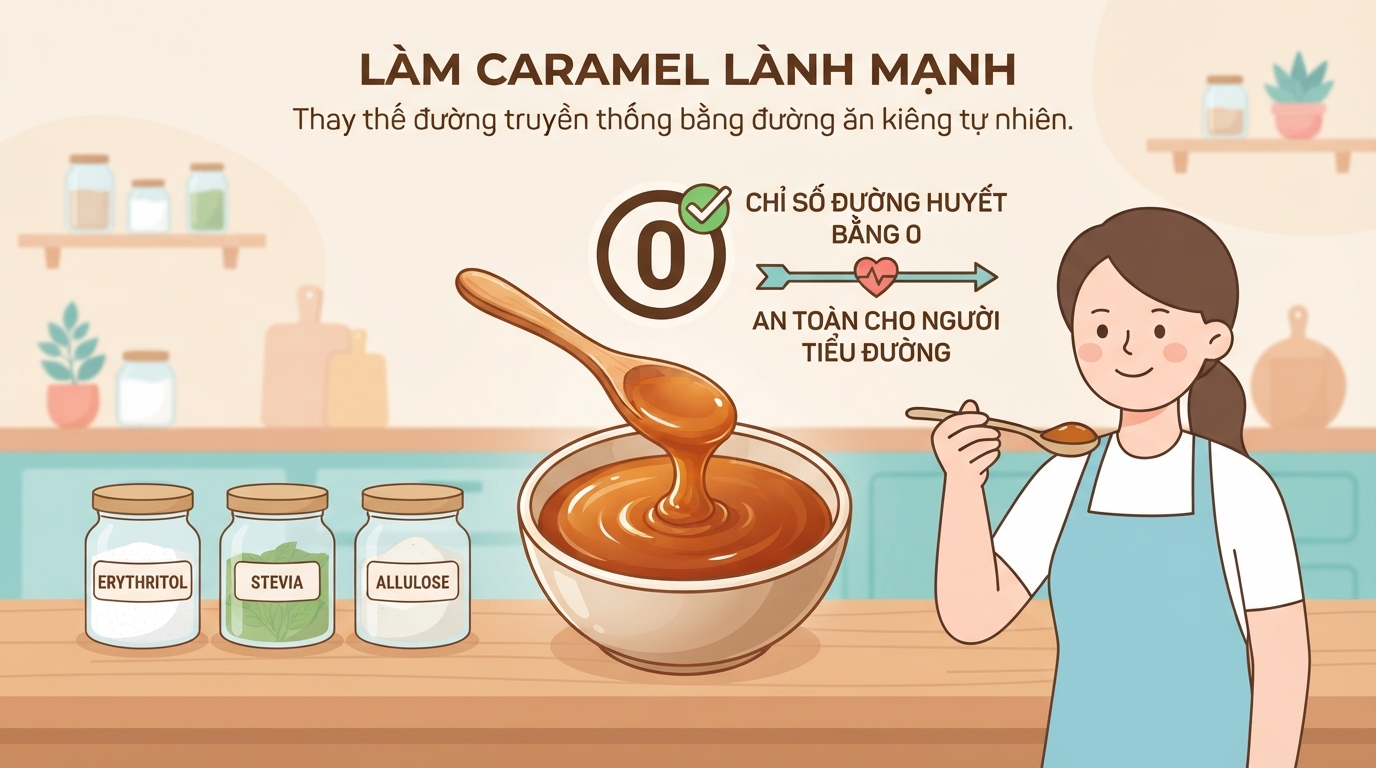 Đường Erythritol hoặc Stevia giúp tạo vị ngọt an toàn cho người tiểu đường khi chế biến.