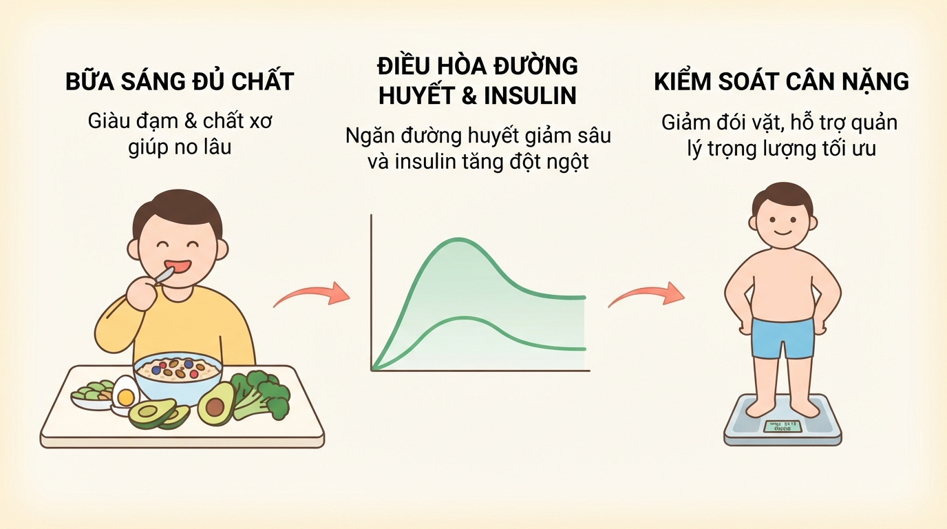 Duy trì bữa ăn sáng đủ chất giúp điều hòa insulin và kiểm soát cân nặng.