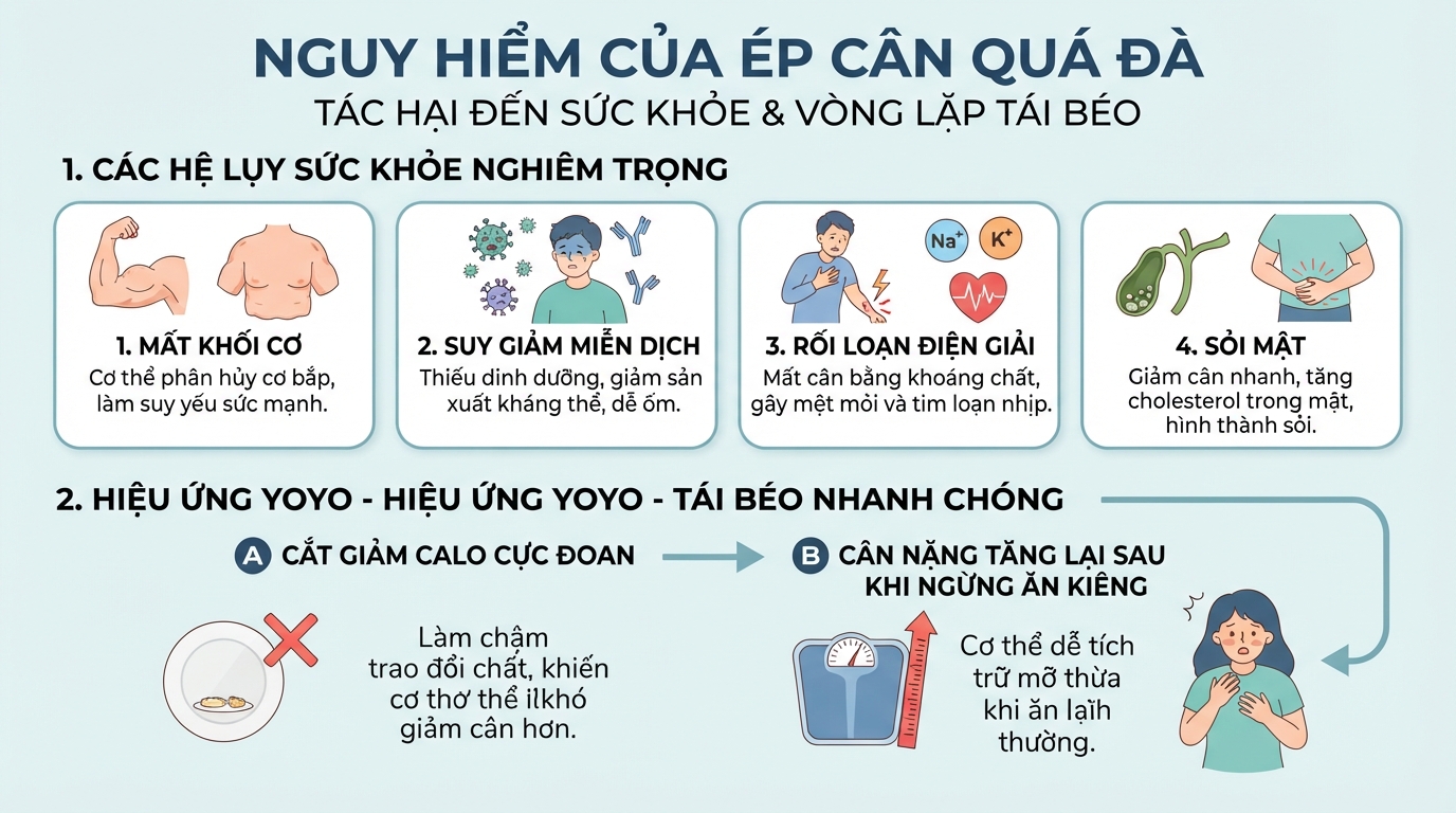 Ép cân quá đà gây giảm khối cơ và tăng nguy cơ tái béo do hiệu ứng yoyo.