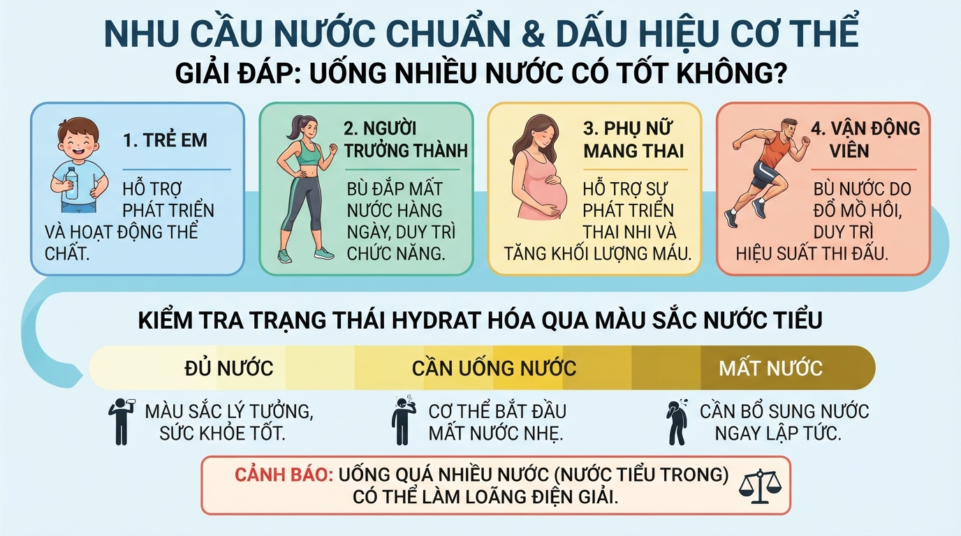 Giải đáp uống nhiều nước có tốt không qua bảng nhu cầu nước chuẩn cho từng người.
