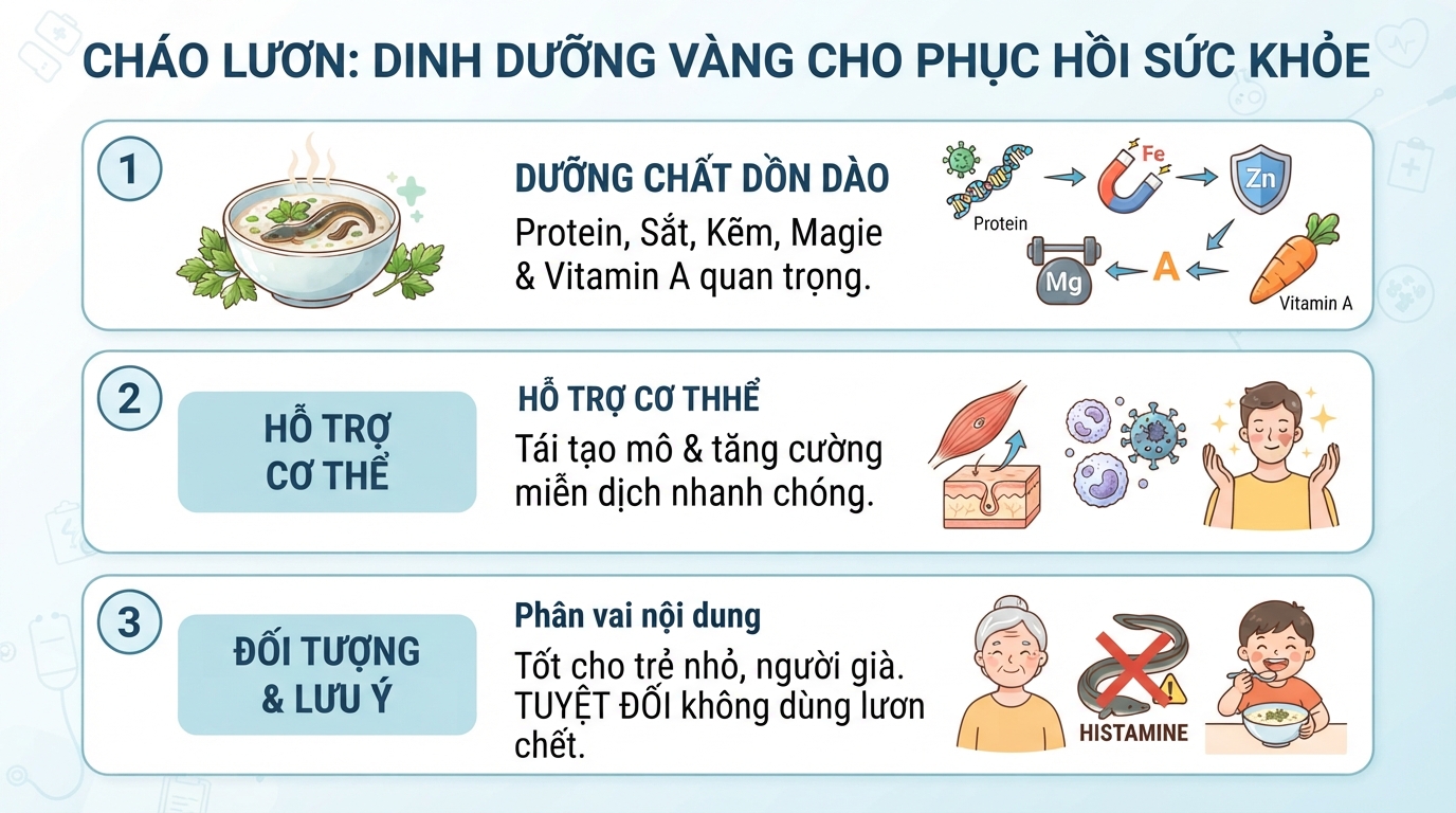 Hàm lượng dưỡng chất trong món cháo lươn hỗ trợ phục hồi sức khỏe nhanh chóng.