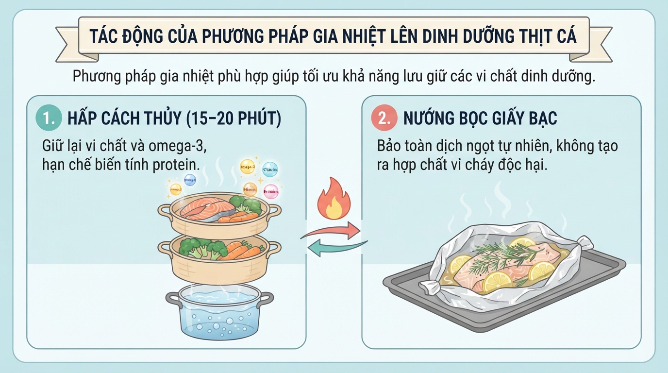 Hấp nhiệt vừa dưới hai mươi phút giúp hạn chế biến tính protein và hao hụt dưỡng chất.