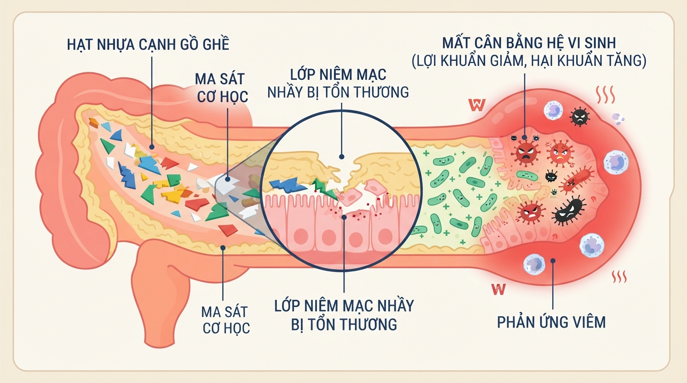 Hạt nhựa gây ma sát cơ học làm tổn thương lớp niêm mạc nhầy bảo vệ bên trong hệ tiêu hóa.