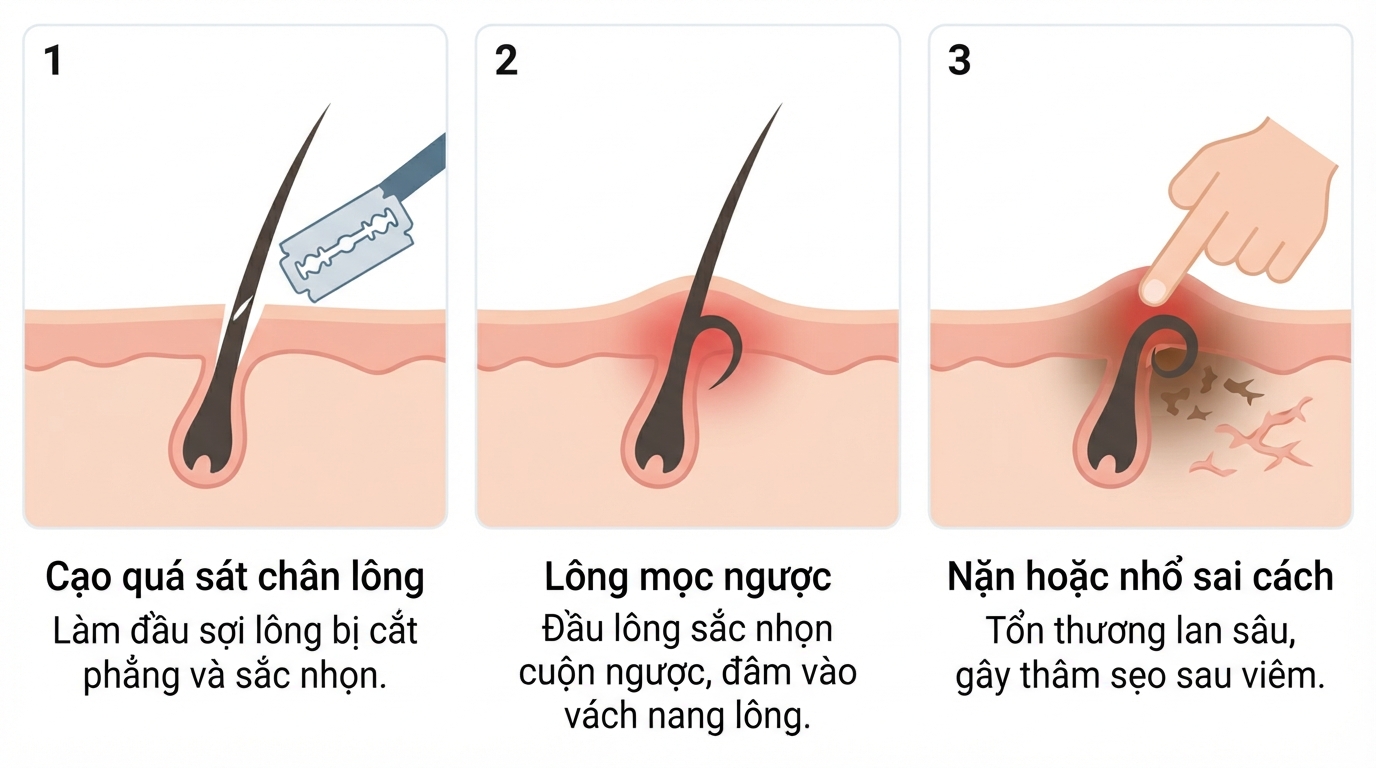 Hiện tượng lông mọc ngược và viêm nang lông do cắt cạo quá sát chân.