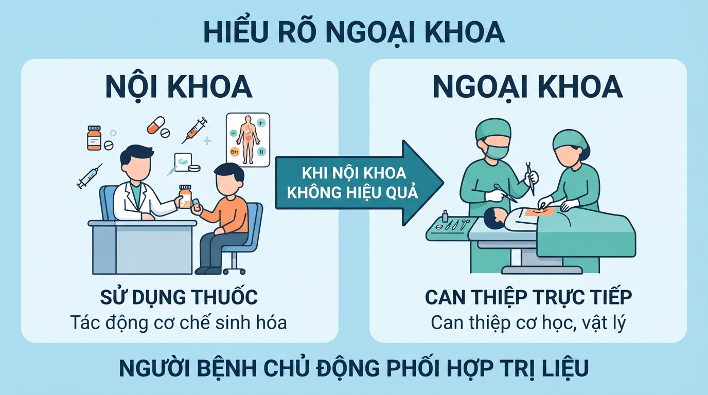 Hiểu rõ ngoại khoa là gì giúp người bệnh chủ động phối hợp trị liệu.
