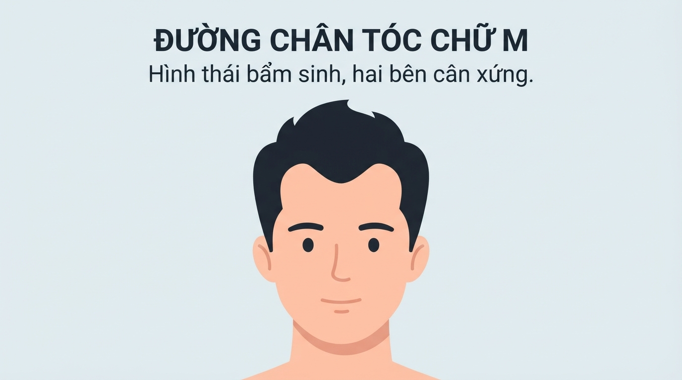 Hình thái đặc trưng của trán chữ m với hai bên thái dương lùi sâu cân xứng.