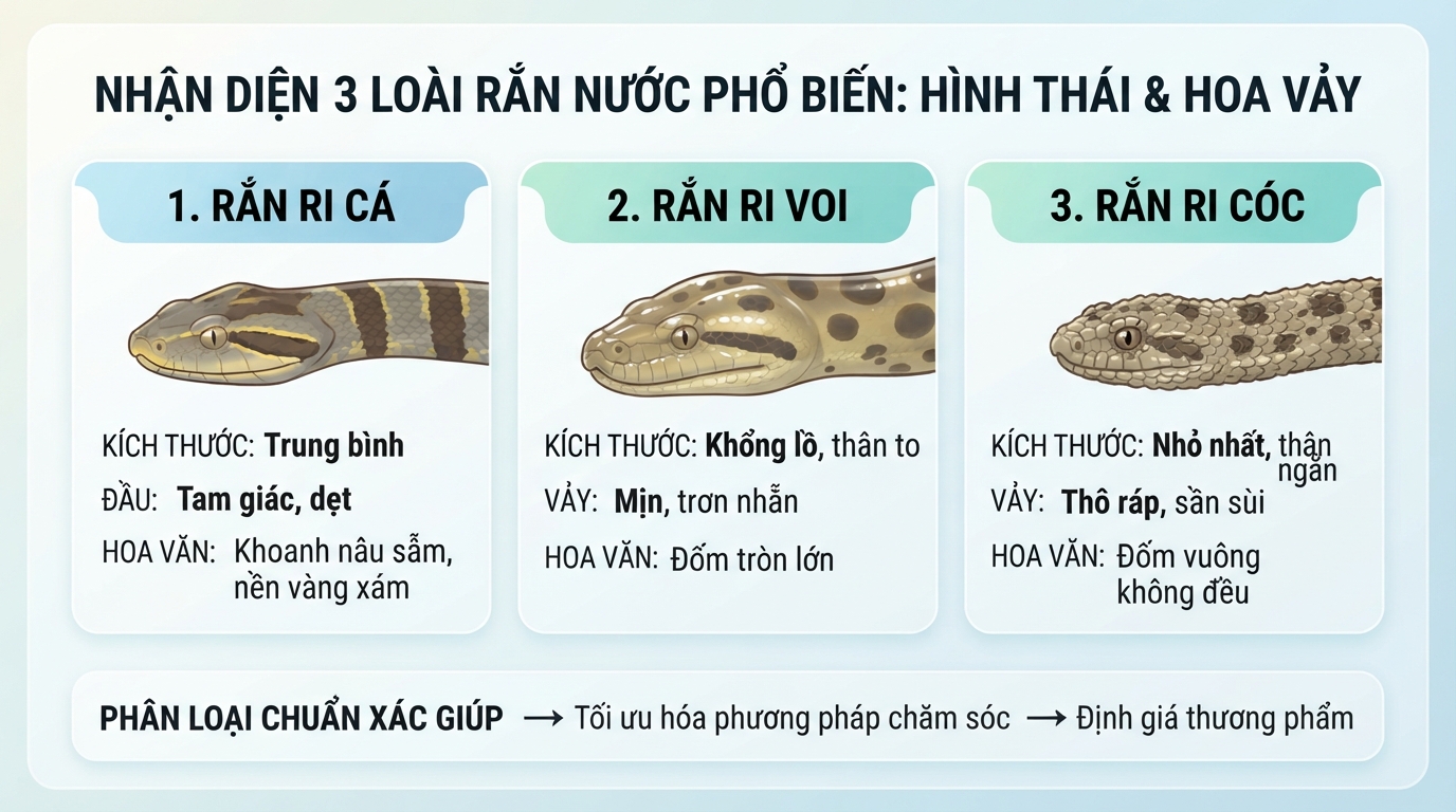 Hình thái đầu và hoa văn vảy giúp phân loại chính xác ba loài rắn nước.