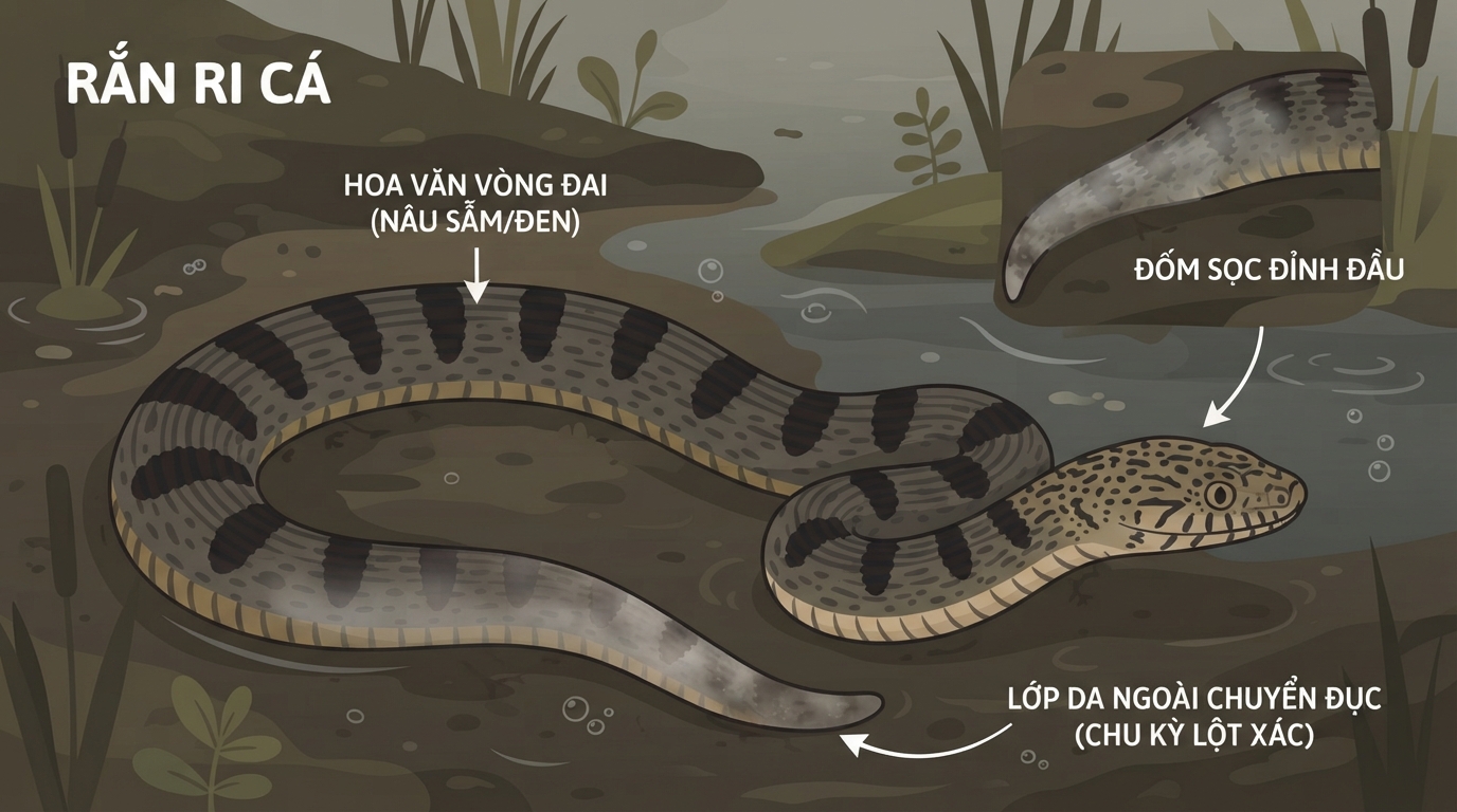 Hoa văn khoanh sẫm đặc trưng của rắn ri cá giúp ngụy trang dưới bùn lầy.