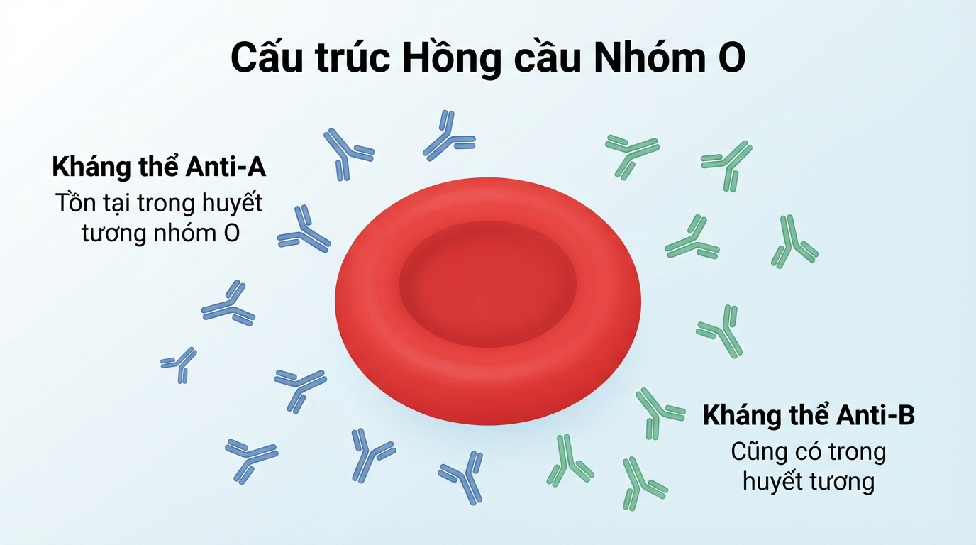 Hồng cầu nhóm máu o không chứa kháng nguyên A, B, hạn chế phản ứng đào thải.