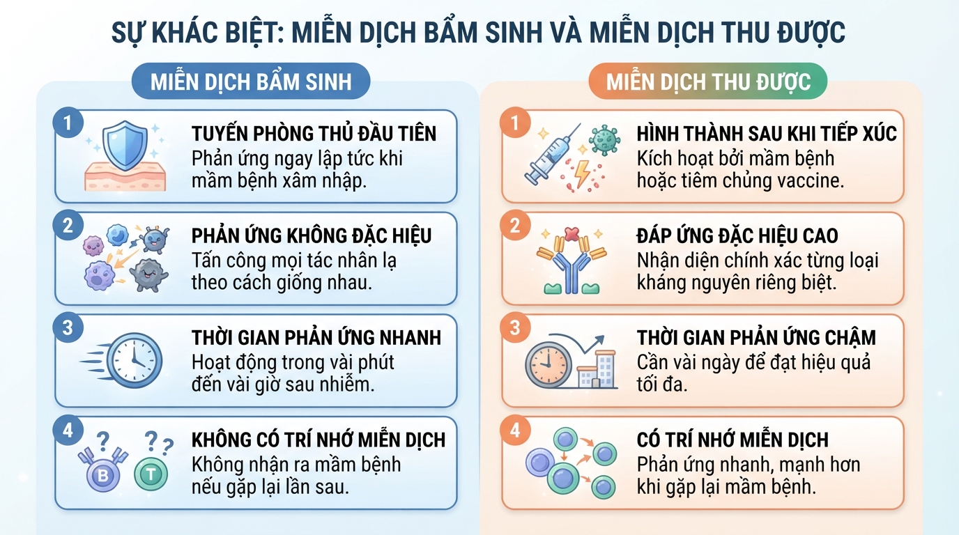 Khác biệt giữa phản ứng bẩm sinh và ghi nhớ đặc hiệu của miễn dịch thu được.