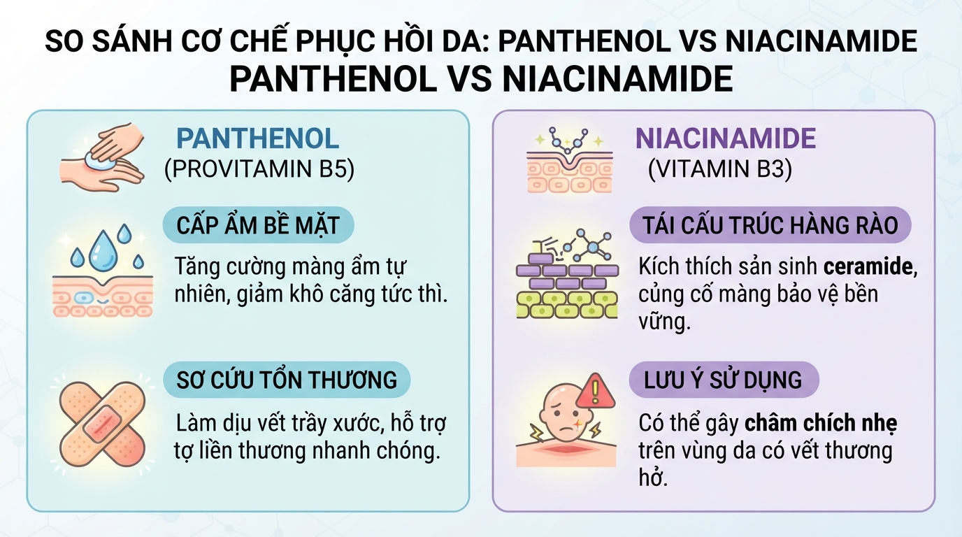 Khác biệt về cơ chế tác động giữa provitamin B5 và vitamin B3 khi phục hồi da.