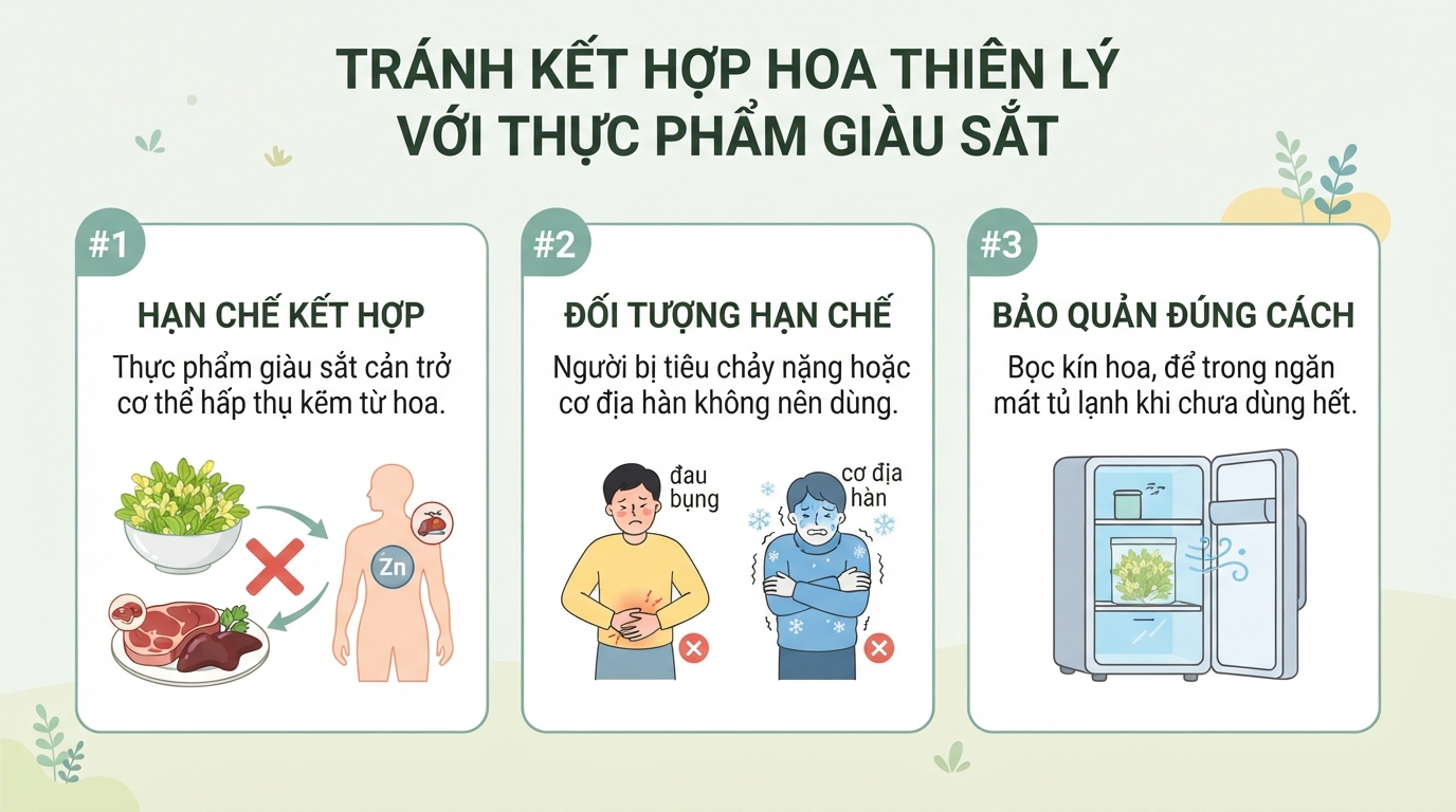 Không ăn kèm hoa thiên lý với thực phẩm giàu sắt nhằm tối ưu hấp thụ kẽm.