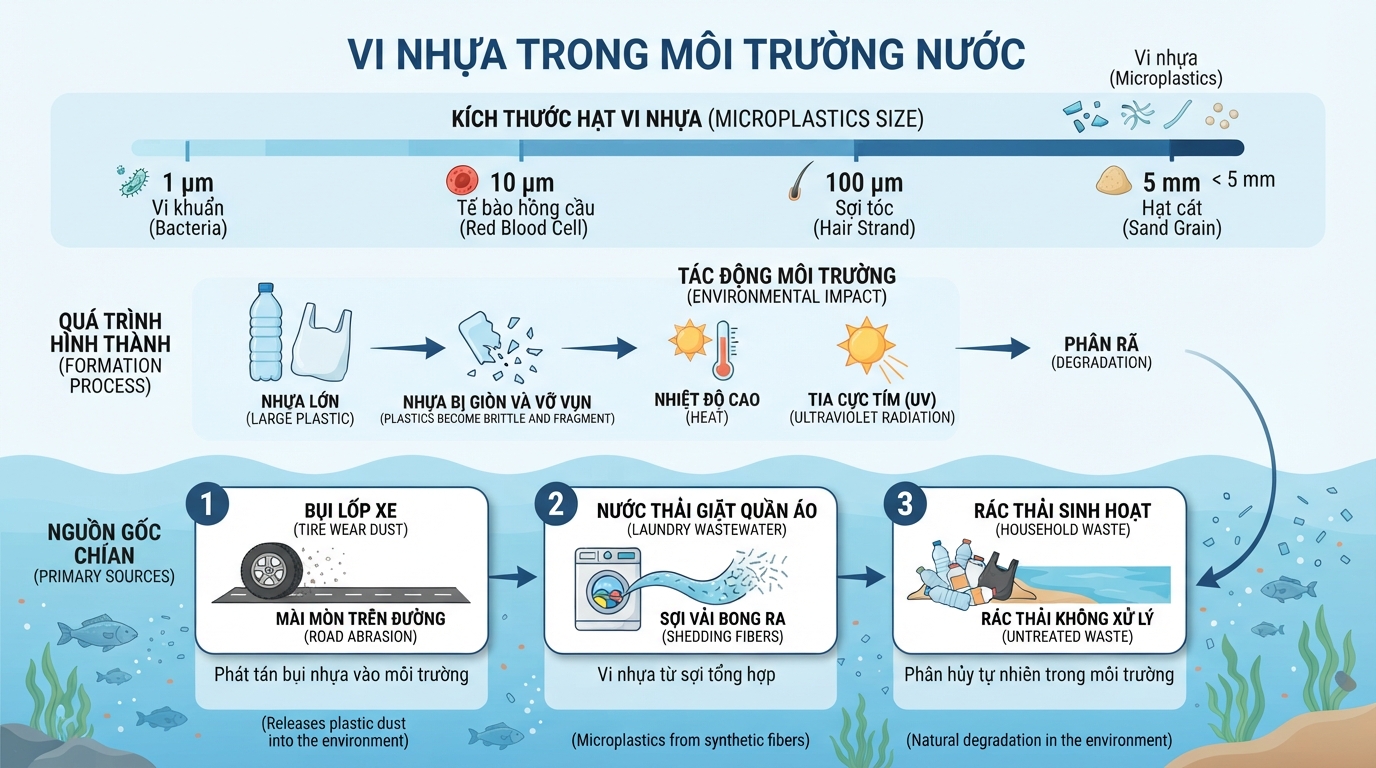 Kích thước của hạt vi nhựa dao động từ 1 micromet đến dưới 5 milimet trong môi trường nước.