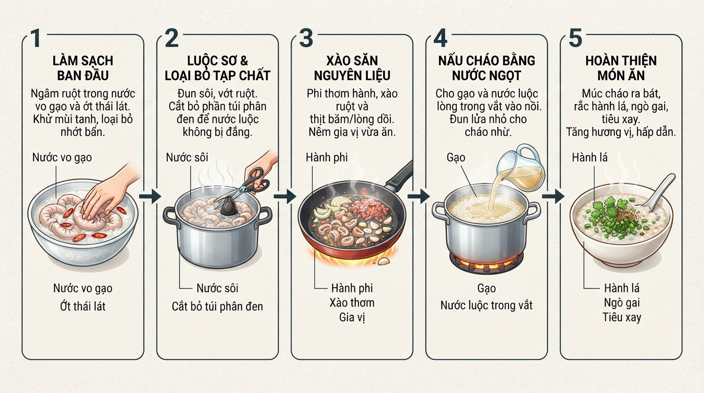 Kỹ thuật sơ chế sạch ruột giúp giữ trọn vị ngọt thanh tự nhiên cho món ăn.
