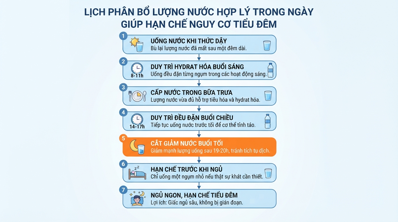 Lịch phân bổ lượng nước hợp lý trong ngày giúp hạn chế nguy cơ tiểu đêm.