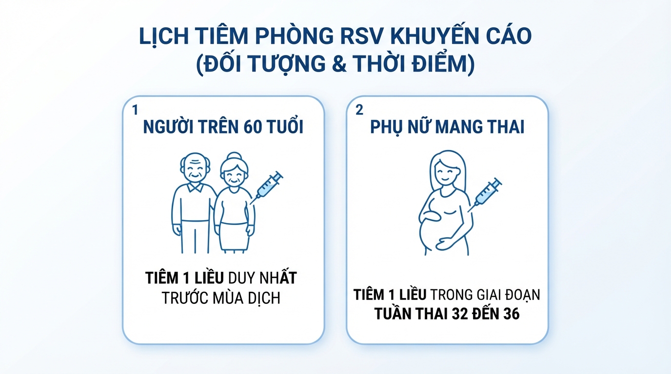 Lịch tiêm phòng RSV khuyến cáo cho người cao tuổi và phụ nữ mang thai theo tiêu chuẩn y tế. Lịch tiêm phòng RSV khuyến cáo cho người cao tuổi và phụ nữ mang thai theo tiêu chuẩn y tế.