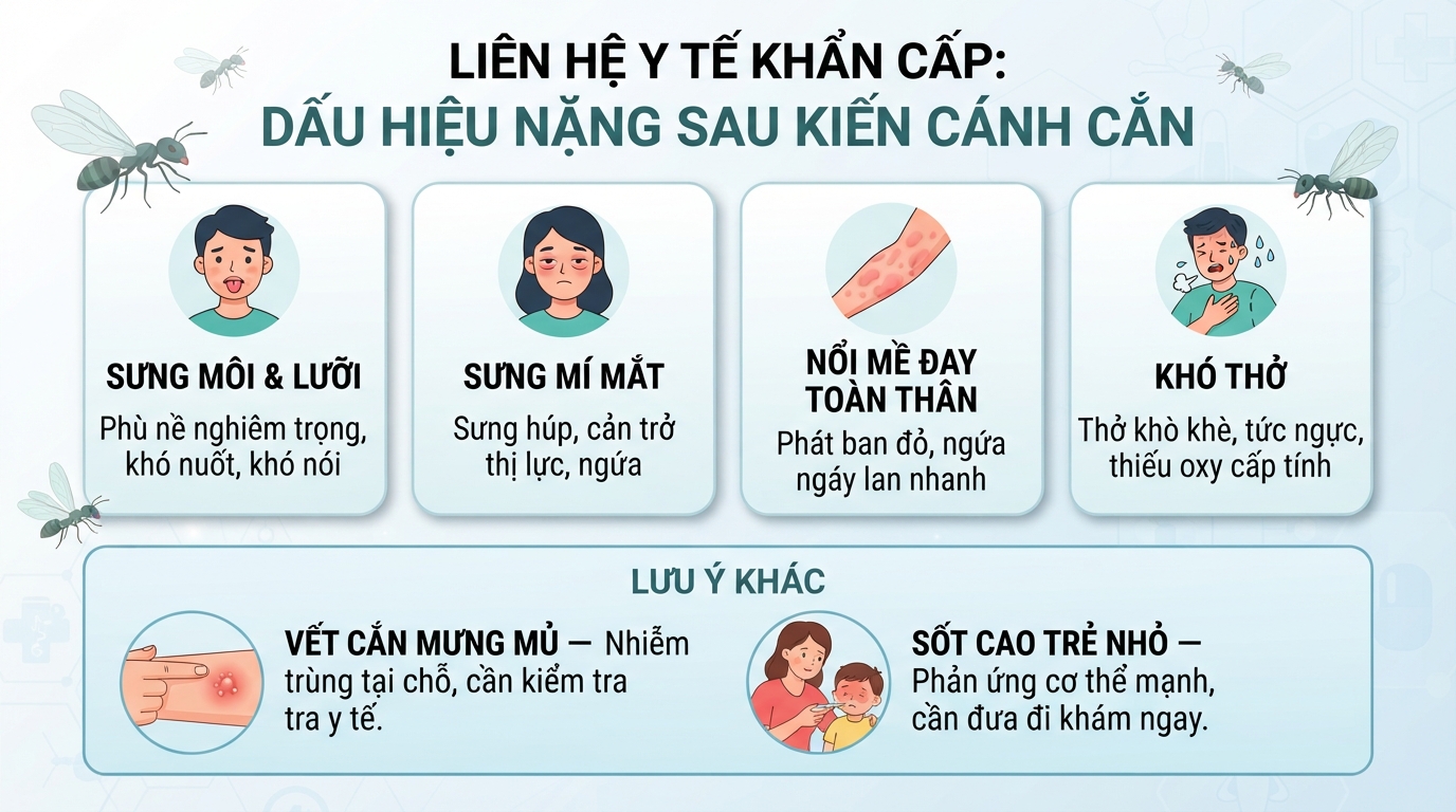 Liên hệ y tế ngay nếu xuất hiện dấu hiệu dị ứng nghiêm trọng sau khi bị kiến cánh cắn.
